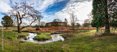 A panoramic photograph of an English autumn park with a few trees, a winding river and a wooden bench photo