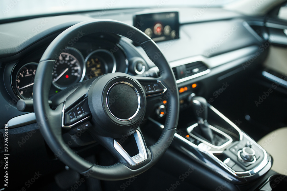 Interior view of car with black and silver  salon