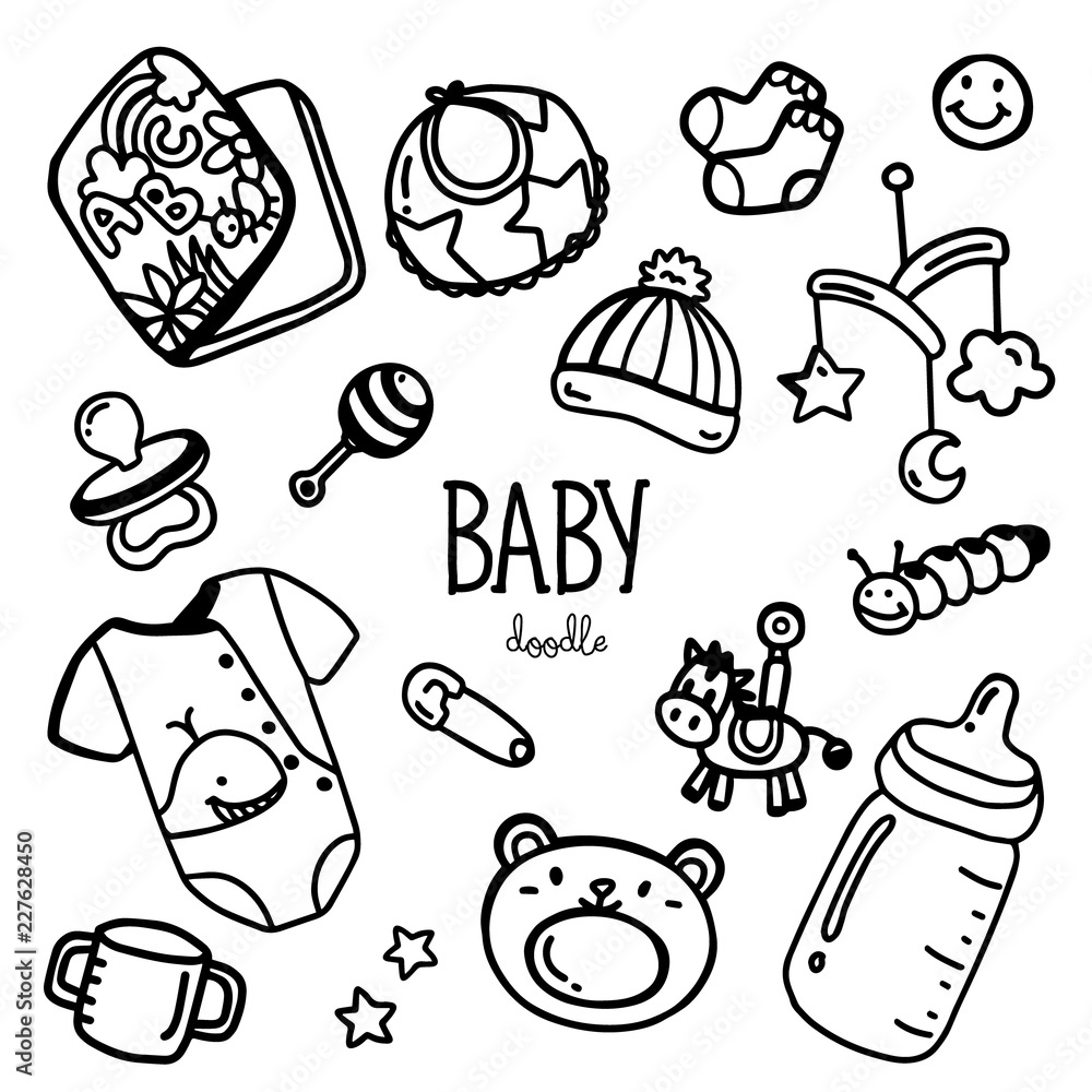 Baby items doodle. Hand drawing styles for baby item. Stock Vector