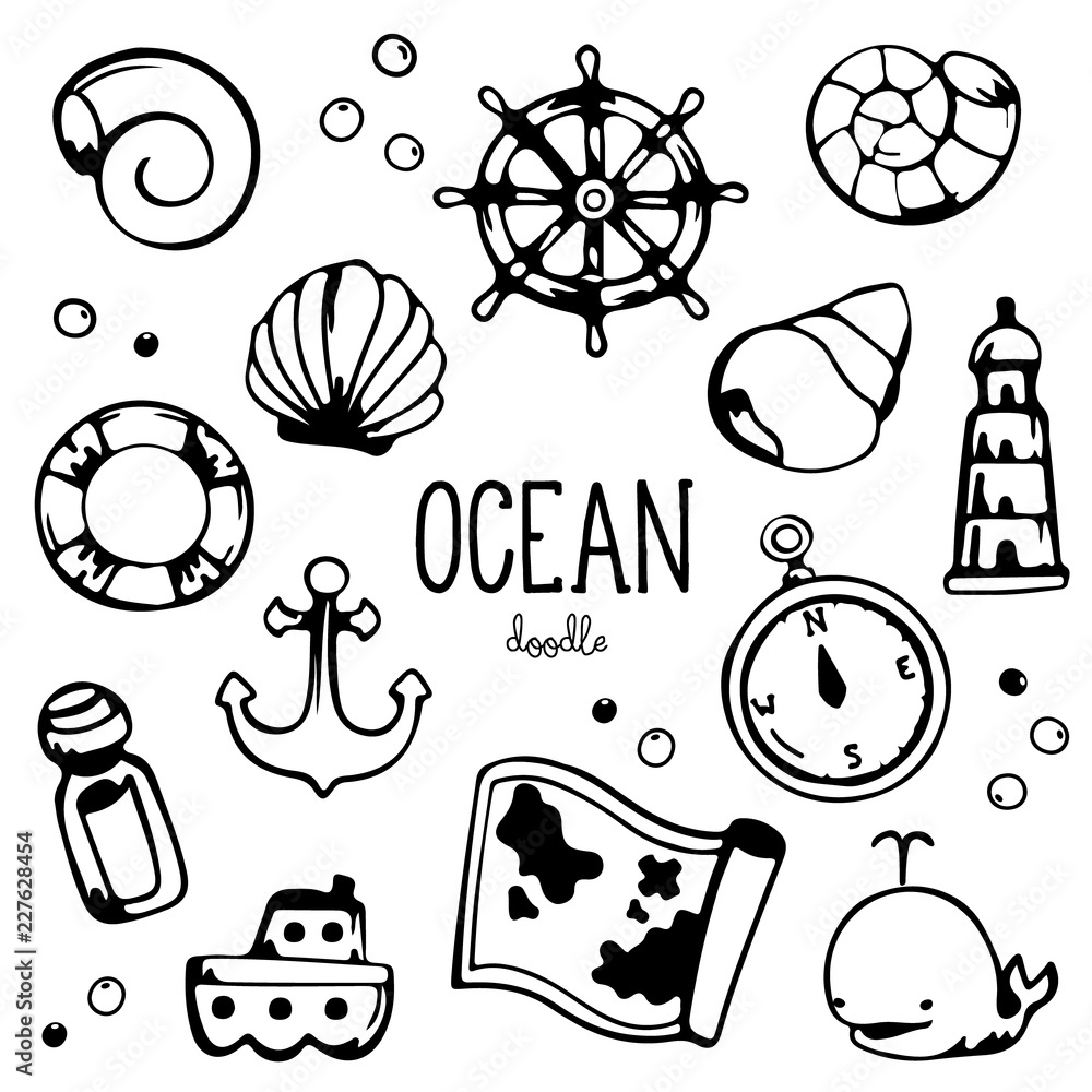 Ocean items doodle. Hand drawing styles for sea item. Stock Vector
