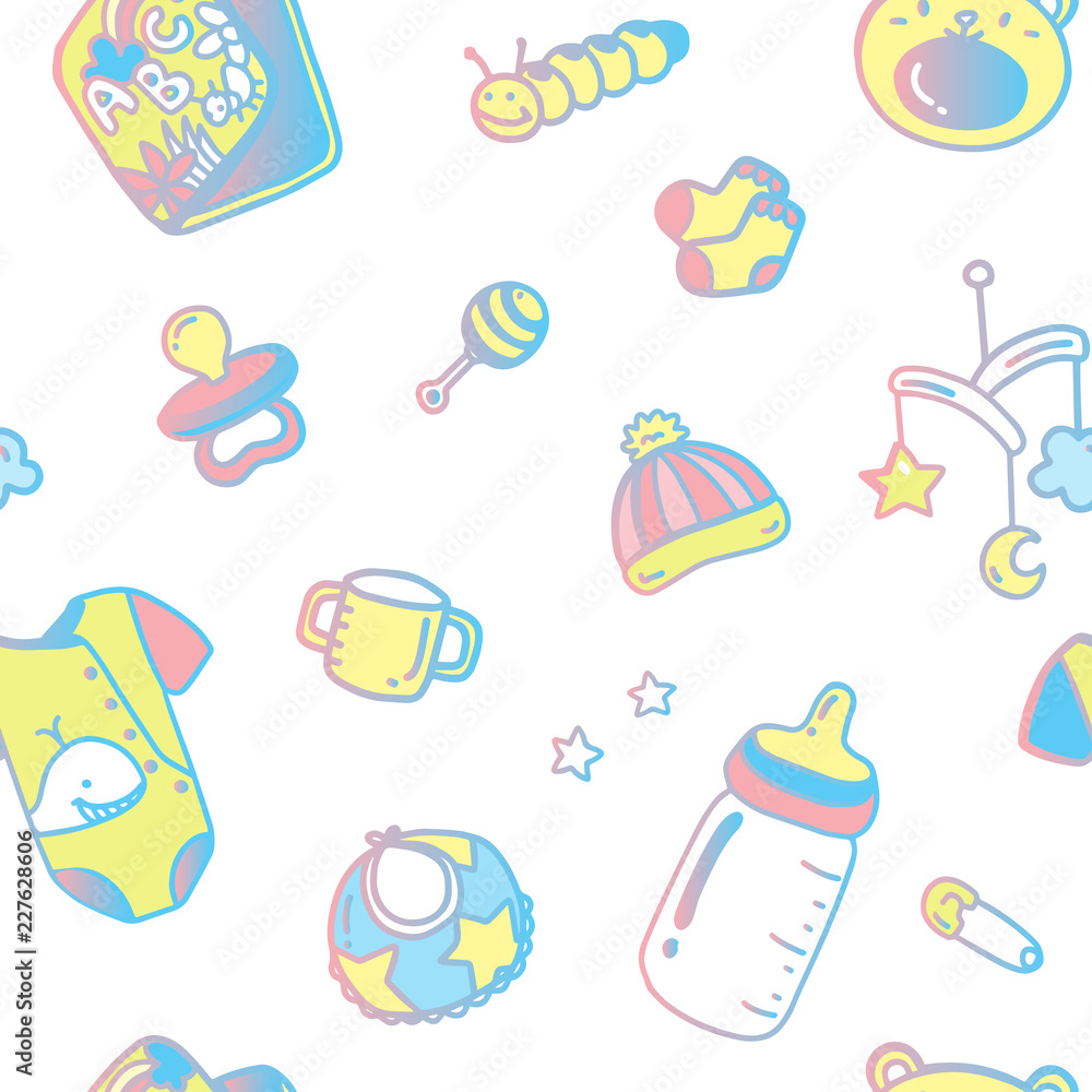 Baby pastel seamless pattern, background with different baby items on a white. Baby pastel seamless pattern, background with different baby items on a white.