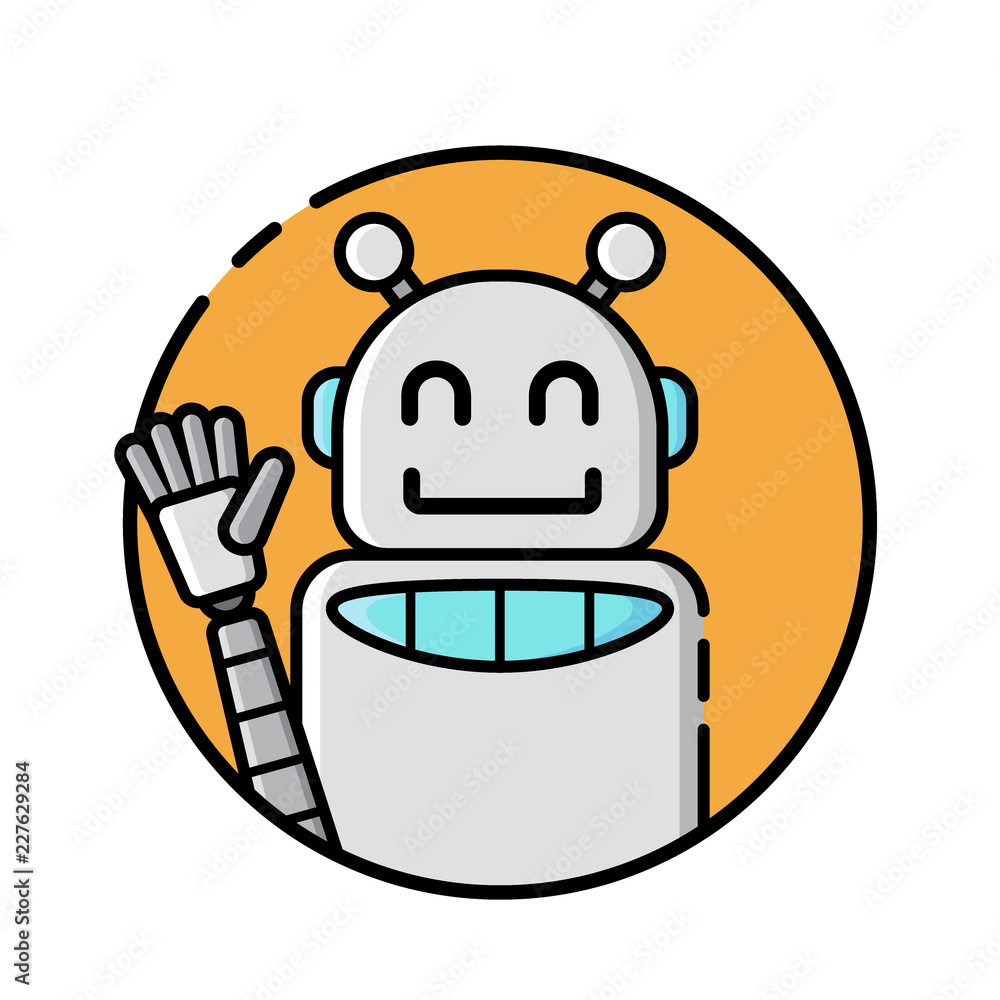 Round robot icon line style on white background. Funny robots greeting, waving hands, listening to music. Vector illustration in flat style. Round robot icon line style on white background. Funny robots greeting, waving hands, listening to music. Vector illustration in flat style.