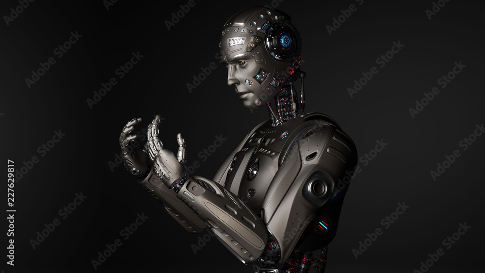 Naklejka premium 3D Render Futuristic Robot man looking at his hands