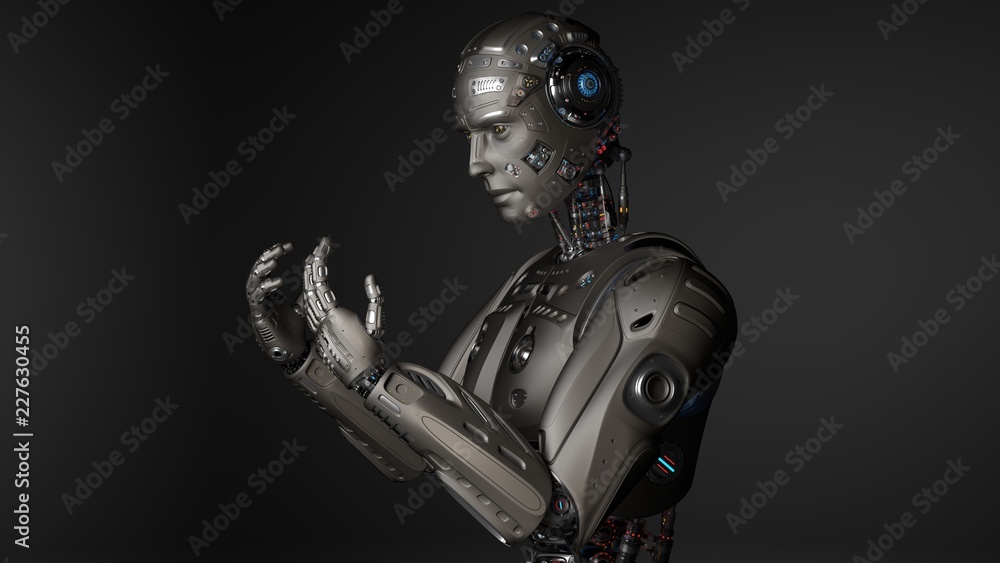 Naklejka premium 3D Render Futuristic Robot man looking at his hands