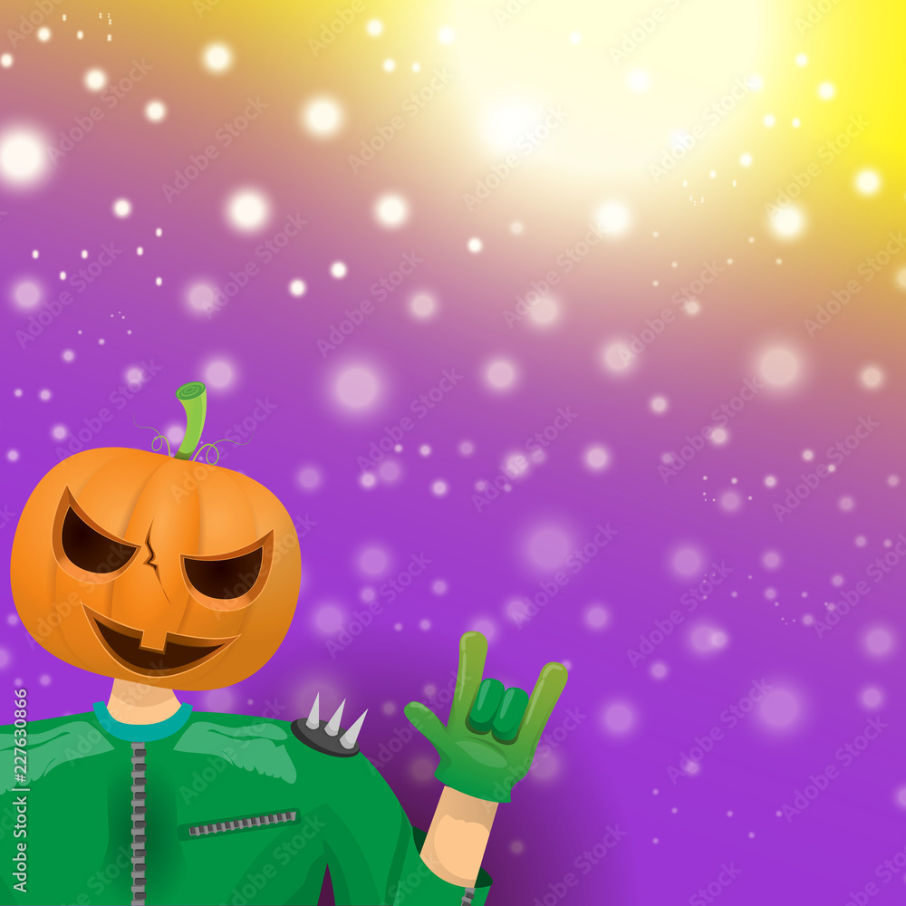 vector Happy halloween hipster party background. man in halloween costume with carved pumpkin head on violet layout with blur and lights. Happy halloween rock concert poster design vector Happy halloween hipster party background. man in halloween costume with carved pumpkin head on violet layout with blur and lights. Happy halloween rock concert poster design