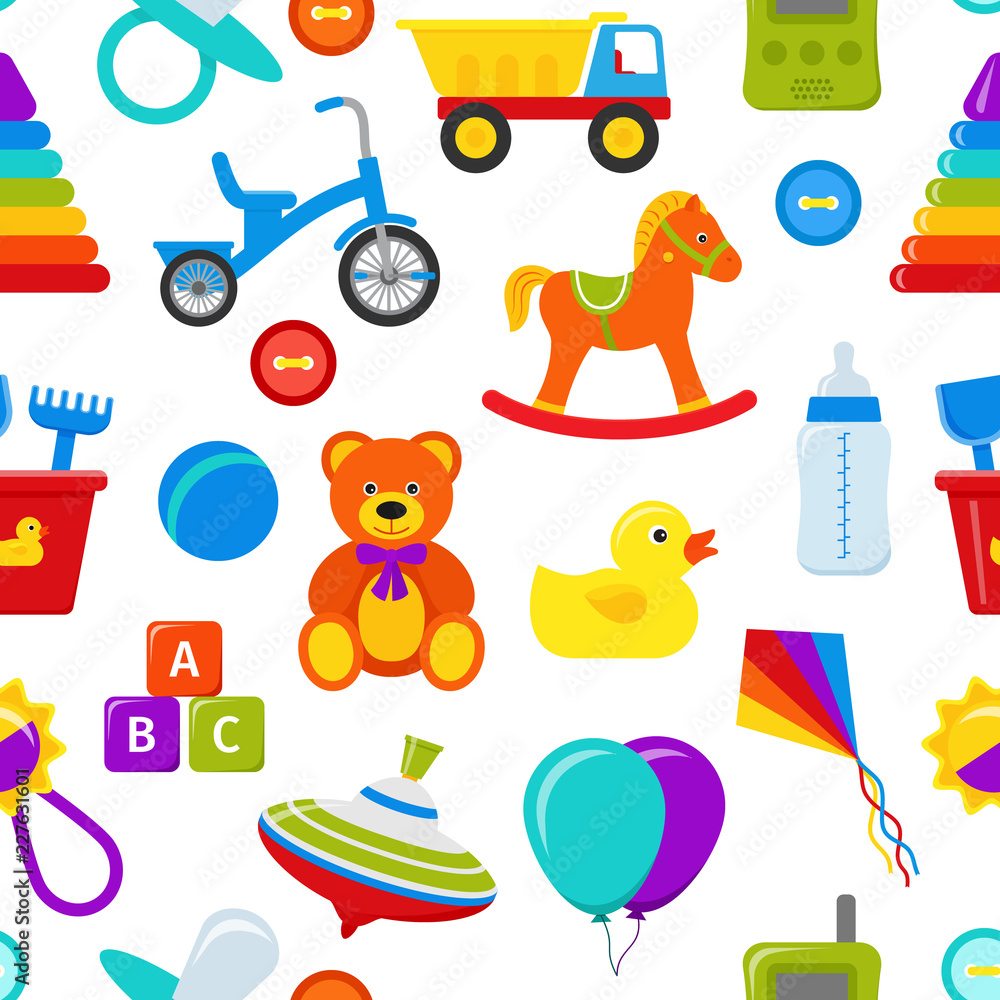 Seamless pattern with baby toys. Vector. Cute background for baby shower party, invitation template, textile, scrapbook, cards, flat design. Cartoon colorful illustration with truck, bear, horse, bike