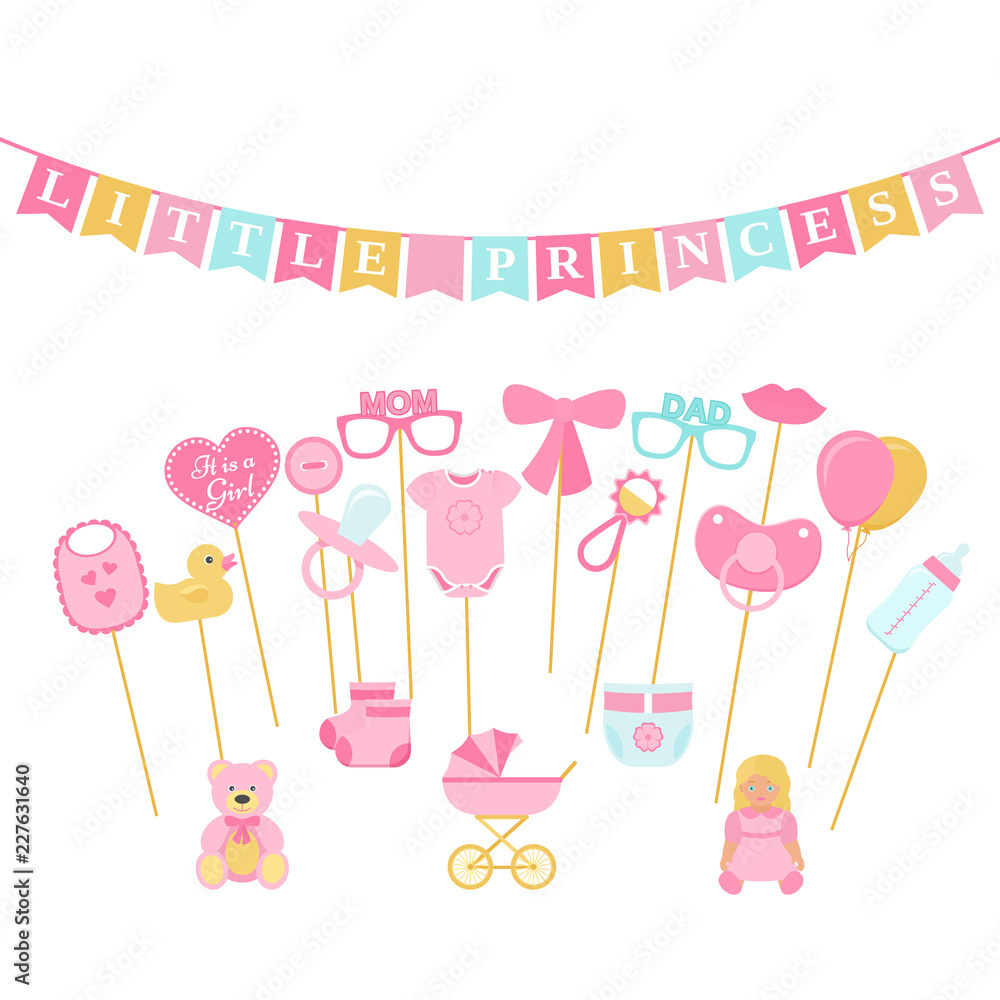 Baby shower photo props, booth on sticks. Vector. Birth reveal party for baby girl. Pink speech bubble, flags for newborn, parents Photobooth set bib, bodysuit, bottle, nipple, stroller, rattle, duck Baby shower photo props, booth on sticks. Vector. Birth reveal party for baby girl. Pink speech bubble, flags for newborn, parents Photobooth set bib, bodysuit, bottle, nipple, stroller, rattle, duck