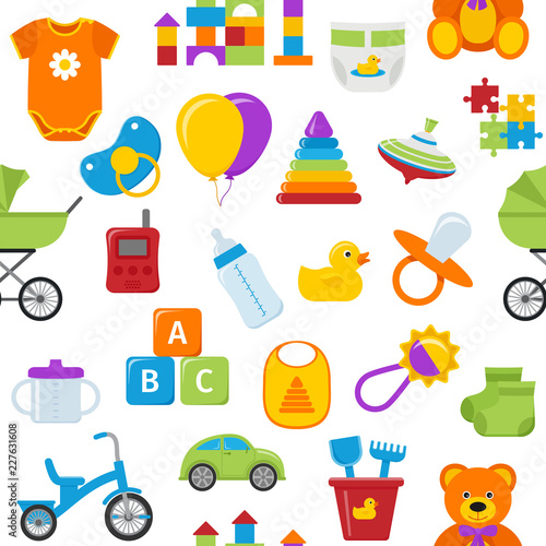 Seamless pattern with baby toys. Vector. Cute background for baby shower party, invitation template, textile, scrapbook, cards, flat design Cartoon colorful illustration with car, rattle, pram, nipple