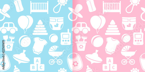 Seamless pattern with baby toys. Vector. Cute background for baby boy, girl shower party, invitation template, textile, scrapbook, cards in flat design. Cartoon abstract blue, pink, white illustration