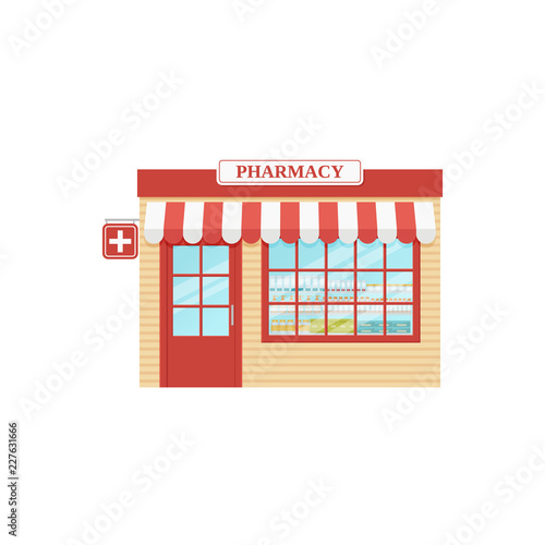 Fototapeta Naklejka Na Ścianę i Meble -  Pharmacy store front. Vector. Drugstore, storefront shop. Facade retail building with window. Vintage exterior house, street architecture. Cartoon illustration isolated in flat design.