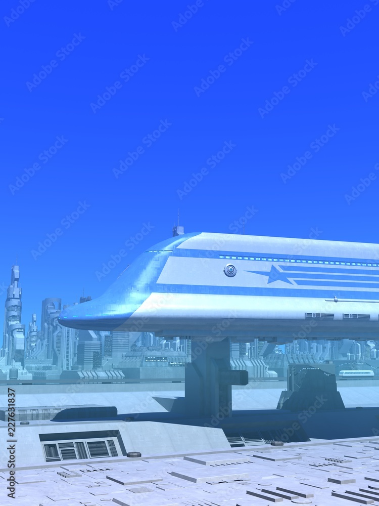 Fototapeta premium Space Passenger Liner Taking Off Daylight 3D Illustration
