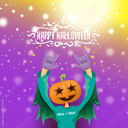 vector Happy halloween hipster party background. man in halloween costume with carved pumpkin head on violet layout with blur and lights. Happy halloween rock concert poster design