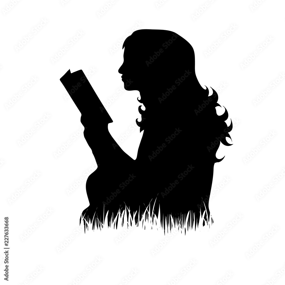 Vector silhouette of woman who read book on the grass on white background.
