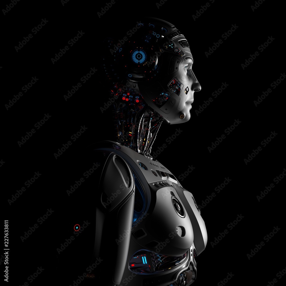 3D Render Futuristic Robot Man in profile on black background 3D Render Futuristic Robot Man in profile on black background