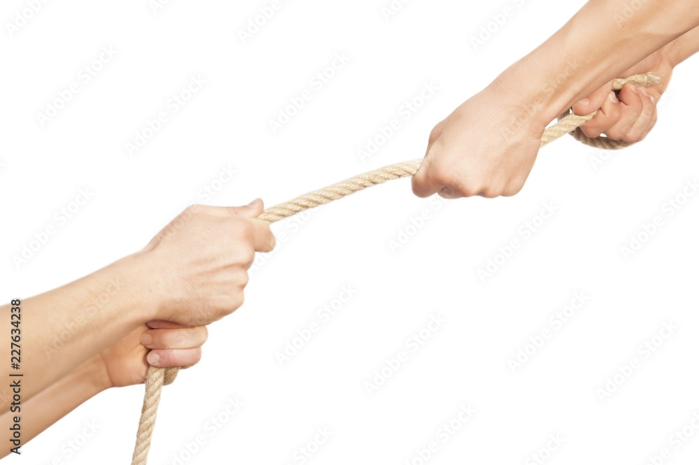 Hands hold on the rope and pull out other hands, lift them out of problem  Stock Photo