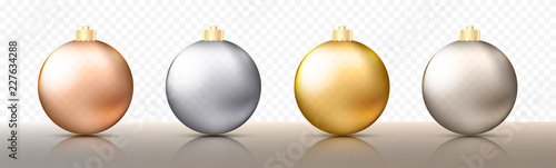 Four realistic Christmas transparent Baubles, spheres or balls in different shades of metallic gold and silver color with golden caps. Vector illustration eps10