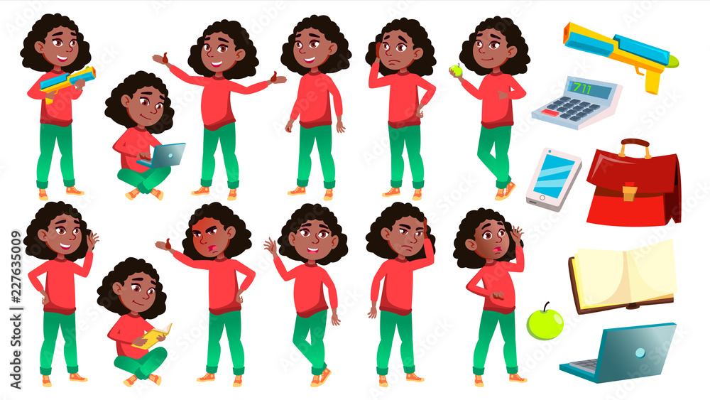 Girl Schoolgirl Kid Poses Set Vector. Black. Afro American. High School ...