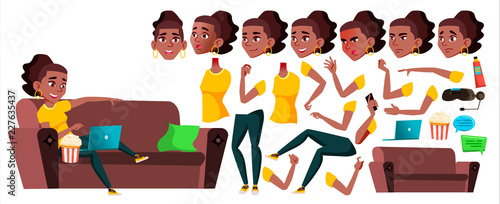 Teen Girl Vector. Black. Afro American. Animation Creation Set. Face Emotions, Gestures. Beauty, Lifestyle. Animated. For Web, Brochure, Poster Design. Isolated Cartoon Illustration