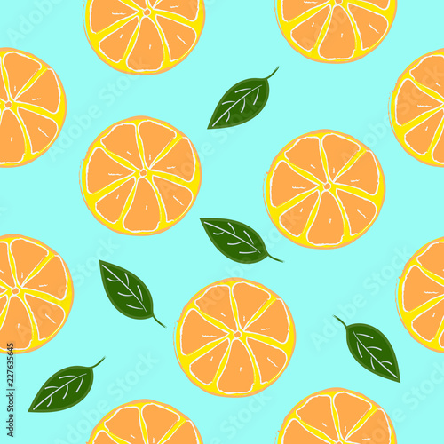 Sliced oranges seamless pattern with leaves