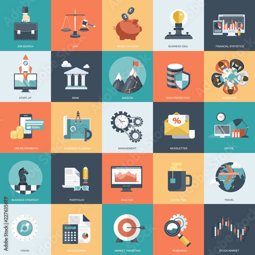 Colorful icon set for business, management, technology and finances. Flat objects for websites and mobile applications