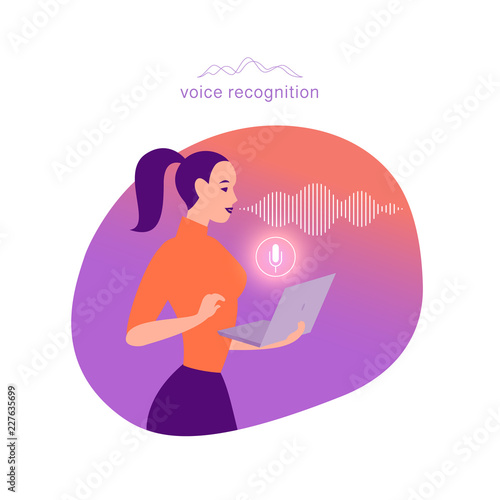 Vector flat personal online assistant illustration. Office girl with laptop microphone dynamic icon, sound waves. UI, UX, mobile app, web site concept for voice recognition landing page design.