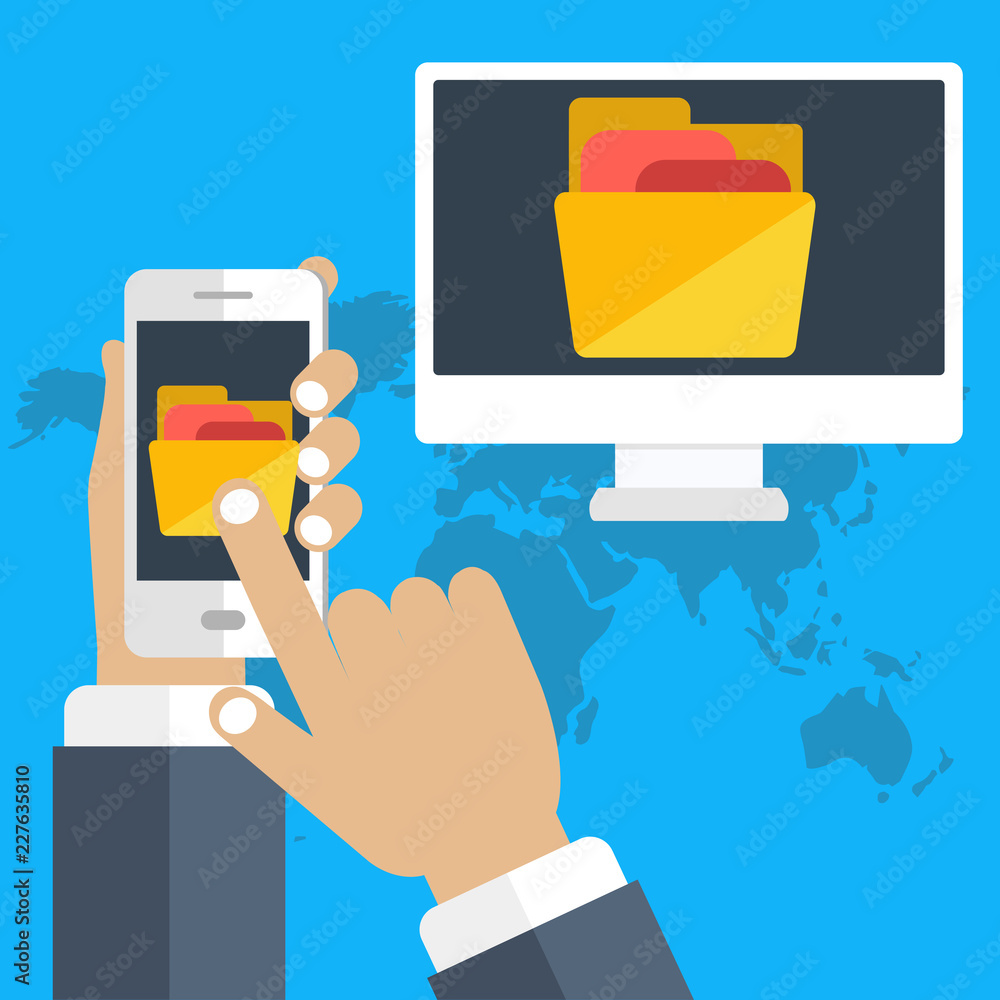 File transfer. Hand holding smartphone with folder on screen and documents transferred to computer. Copy files, exchange, file sharing concept. Flat vector File transfer. Hand holding smartphone with folder on screen and documents transferred to computer. Copy files, exchange, file sharing concept. Flat vector