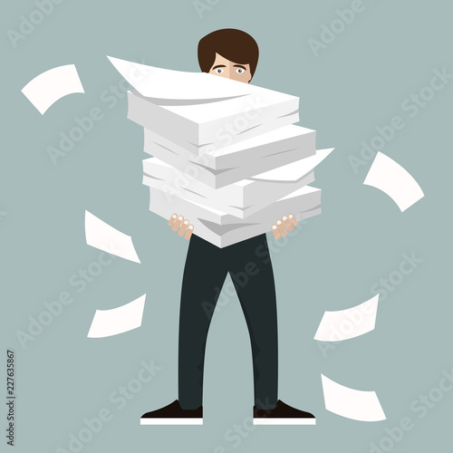 Businessman holds pile of office papers and documents. Documents and file. Routine, bureaucracy, big data, paperwork, office. Vector illustration in flat style