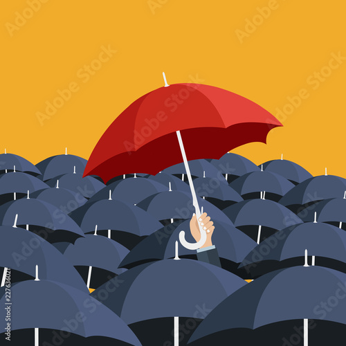 Red umbrella and many blue umbrellas. Uniqueness concept. Flat vector illustration