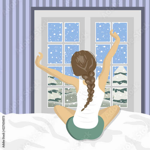 Woman stretching in bed after wake up. Concept for holidays and vacations. Winter mountain scenery. Flat vector illustration