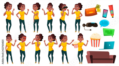 Teen Girl Poses Set Vector. Black. Afro American. Active, Expression. For Presentation, Print, Invitation Design. Isolated Cartoon Illustration