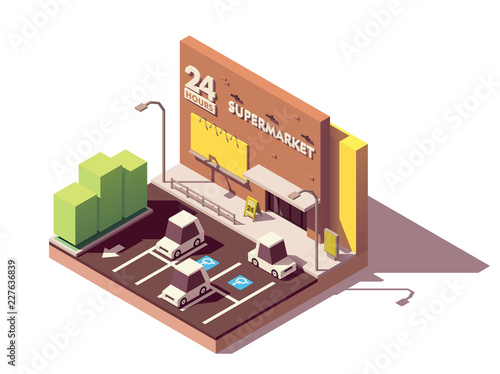 Vector isometric supermarket car parking lot