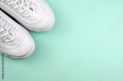Sneakers. Sport shoes. Equipment for running. Fitness and sport, active lifestyle, concept. top view, copy space, blue background.