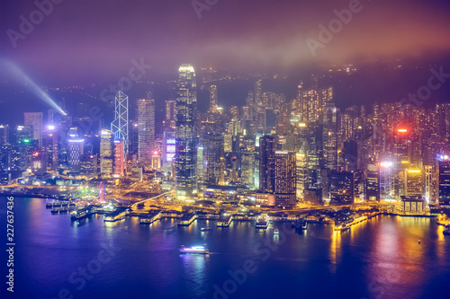 Aerial view of illuminated Hong Kong skyline. Hong Kong, China © Dmitry Rukhlenko