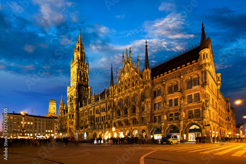 Marienplatz square at night with New Town Hall Neues Rathaus