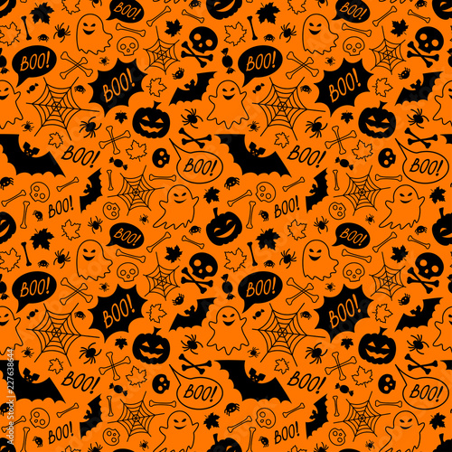 Halloween festive seamless pattern. Endless orange background with pumpkins, skulls an bones, bats, cute ghosts, spiders and web, candies and speech bubble with boo