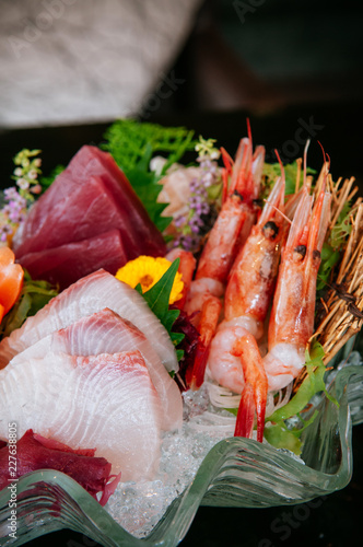 Premium sashimi on ice, Tai fish sashimi, Ebi sashimi, Maguro sashimi, salmon sashimi