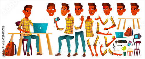 Teen Boy Vector. Animation Creation Set. Indian, Hindu. Asian. Face Emotions, Gestures. Leisure, Smile. Animated. For Web, Poster, Booklet Design. Isolated Cartoon Illustration