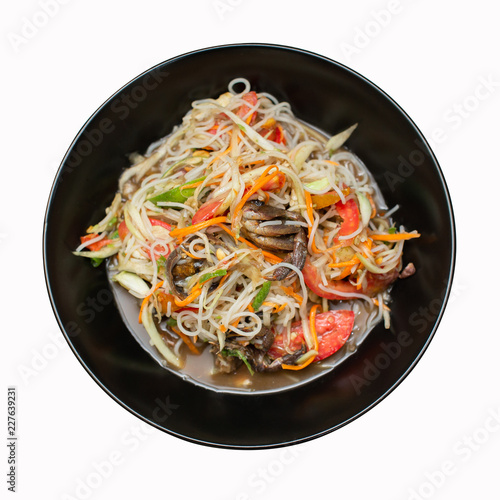 rice vermicelli somtam of thailand on black dish