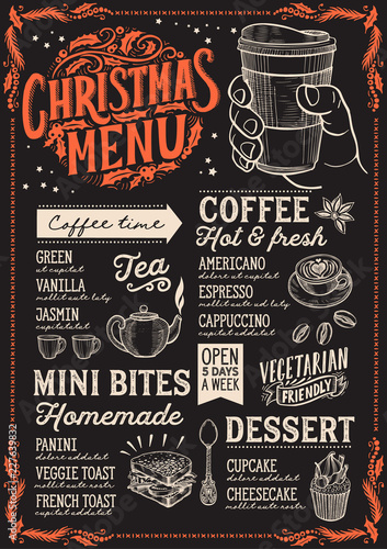 Christmas menu template for coffee shop on blackboard.