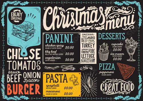 Christmas menu for restaurant and cafe on a blackboard.