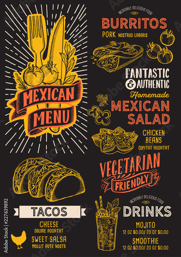 Mexican menu food template for restaurant with doodle hand-drawn graphic.