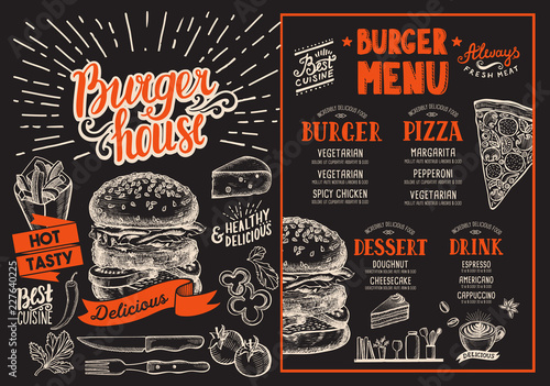 Burger restaurant menu. Vector food flyer for bar and cafe. Design template with retro hand-drawn illustrations.