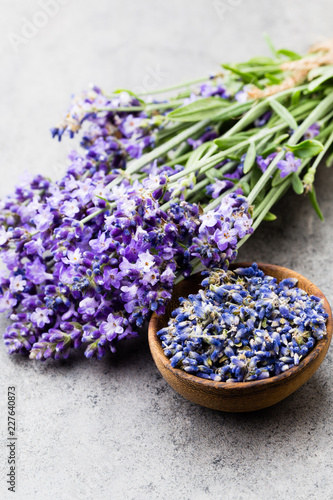 Fototapeta Naklejka Na Ścianę i Meble -  Lavender flowers, bouquet on rustic background, overhead.
