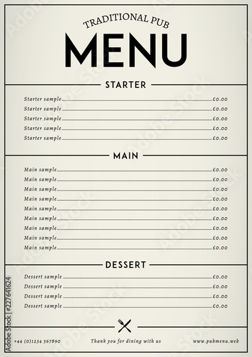 Modern pub style restaurant menu