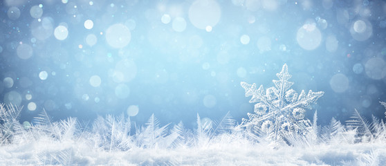 Snowflake On Natural Snowdrift Close Up - Christmas And Winter Background
