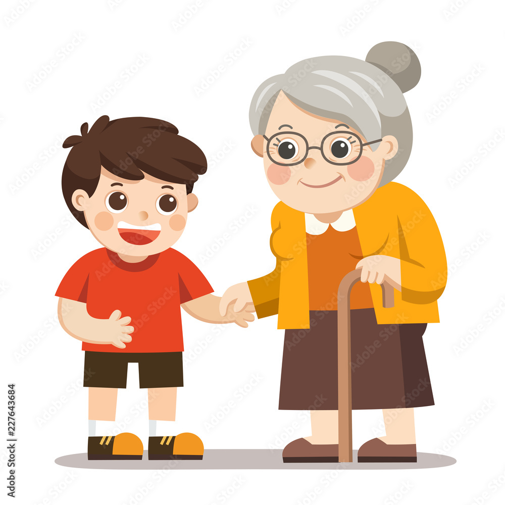 Happy old lady with a walker holding hands of little boy. Kids supporting disabled grandparent. Happy old lady with a walker holding hands of little boy. Kids supporting disabled grandparent.