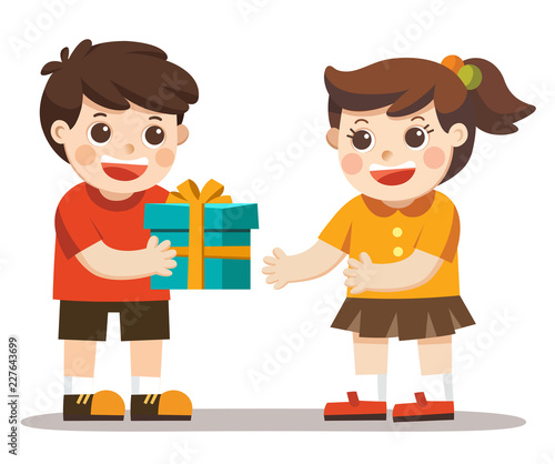 A little boy giving girl birthday gift box. kid hand over holiday present.