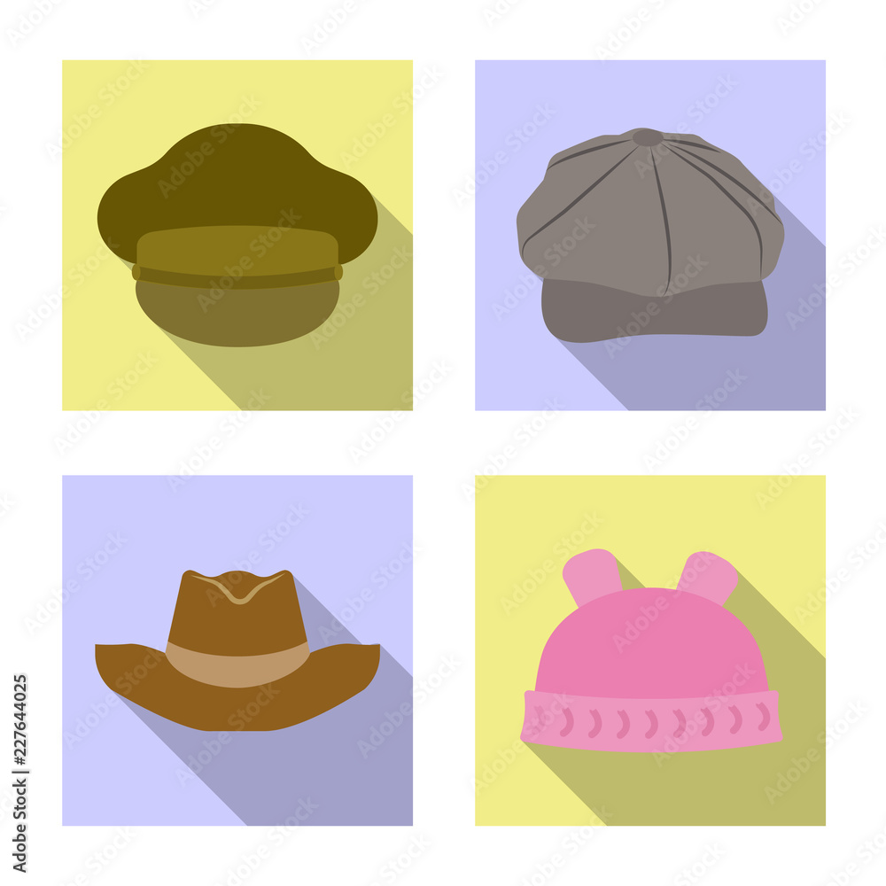 Vector illustration of headgear and cap logo. Collection of headgear and accessory stock vector illustration.