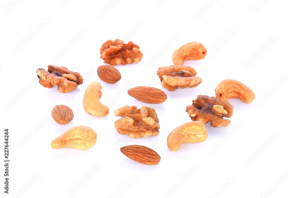 walnats, Almonds ,Roasted cashews isolated on white background walnats, Almonds ,Roasted cashews isolated on white background