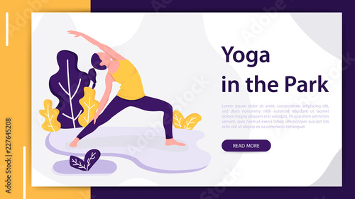 Woman practicing yoga outdoors in park. Modern flat design concept of web page design for website and mobile website development. Vector illustration